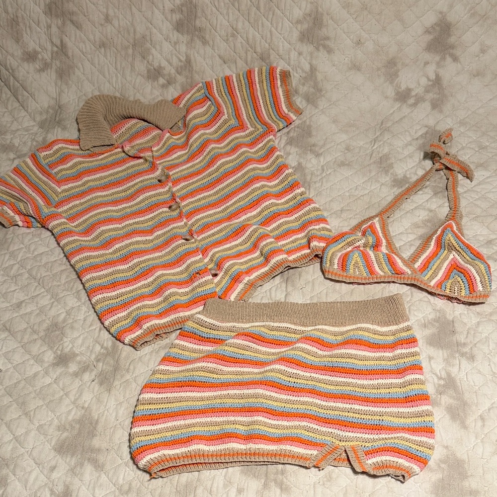 Colorful Striped Knit Mini Skirt, Triangle Bra and Short Sleeve Sweater Set